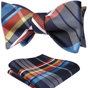 Men's Plaid Self Tie Bow Tie Pocket Square Set NWT